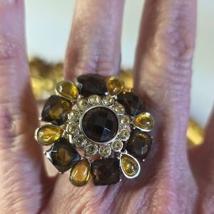Brown and Yellow Faceted Rhinestone Stretchable Ring